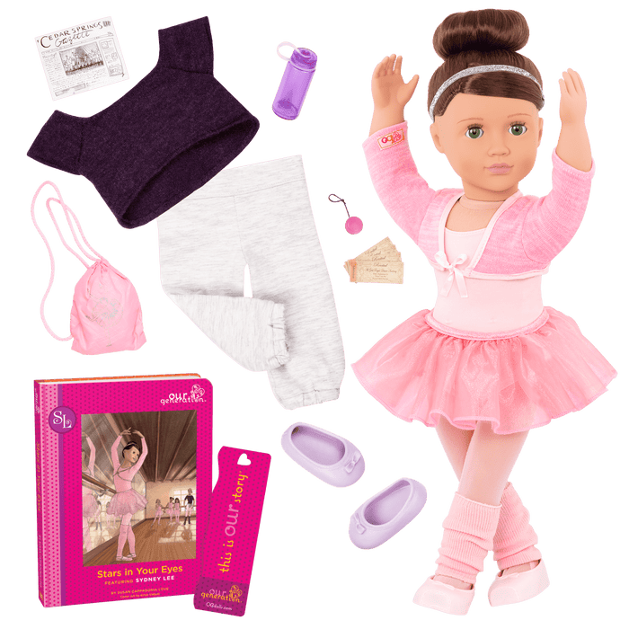 18-inch doll with brown hair, green eyes, ballerina accessories and storybook