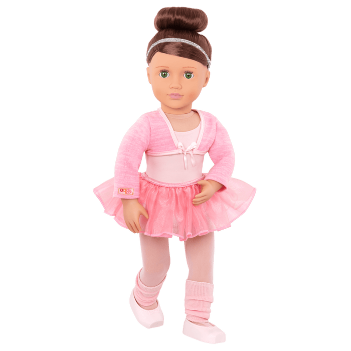18-inch doll with brown hair, green eyes, ballerina accessories and storybook