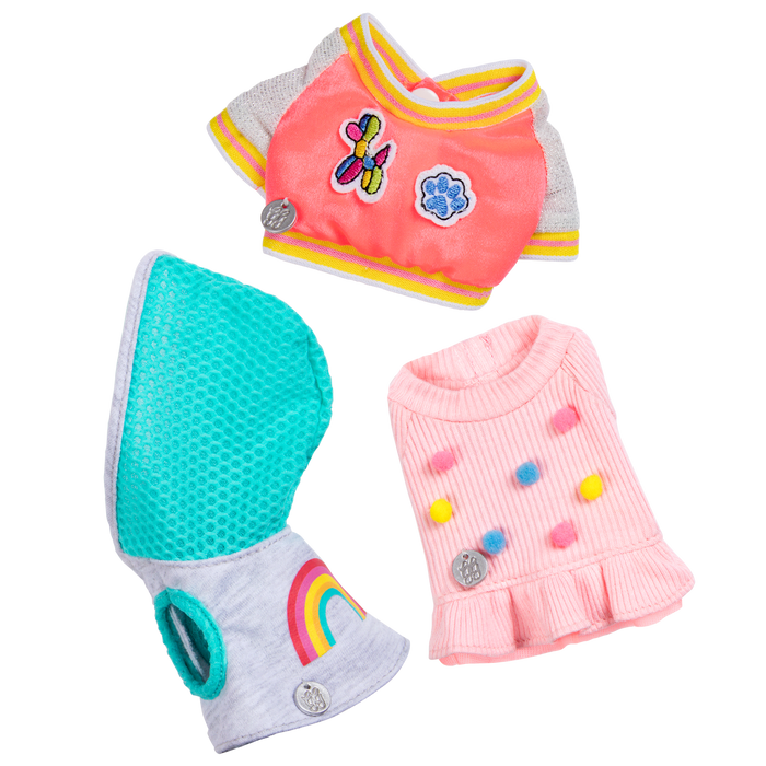 Set of three dog plushie outfits