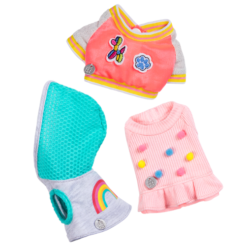Set of three dog plushie outfits