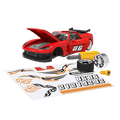 Red take-apart toy sports car with tools and stickers