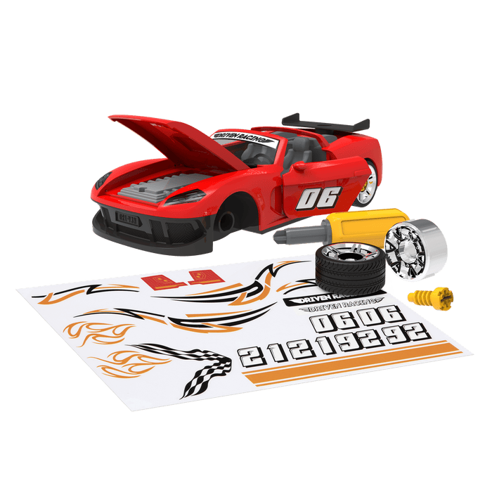 Red take-apart toy sports car with tools and stickers