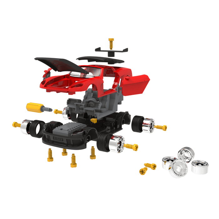 Red take-apart toy sports car with tools and stickers