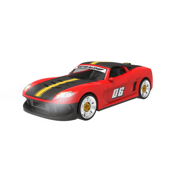 Red take-apart toy sports car with tools and stickers