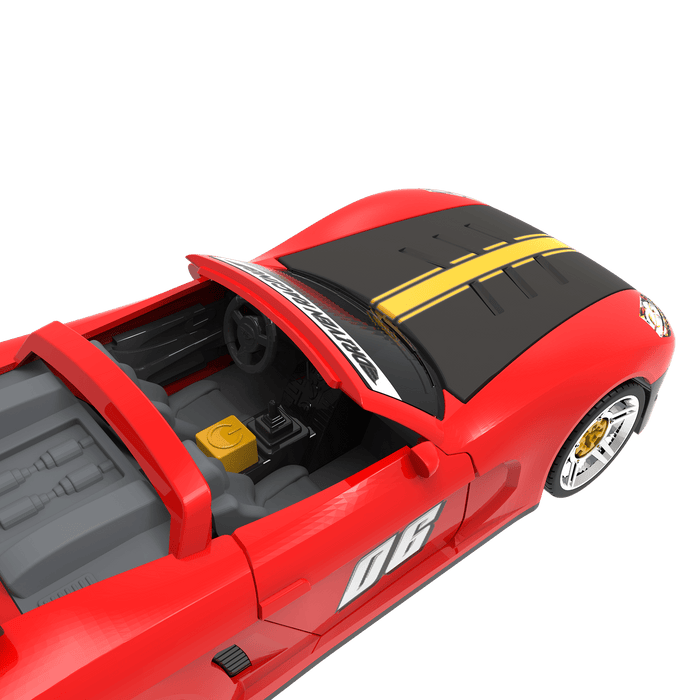 Red take-apart toy sports car with tools and stickers