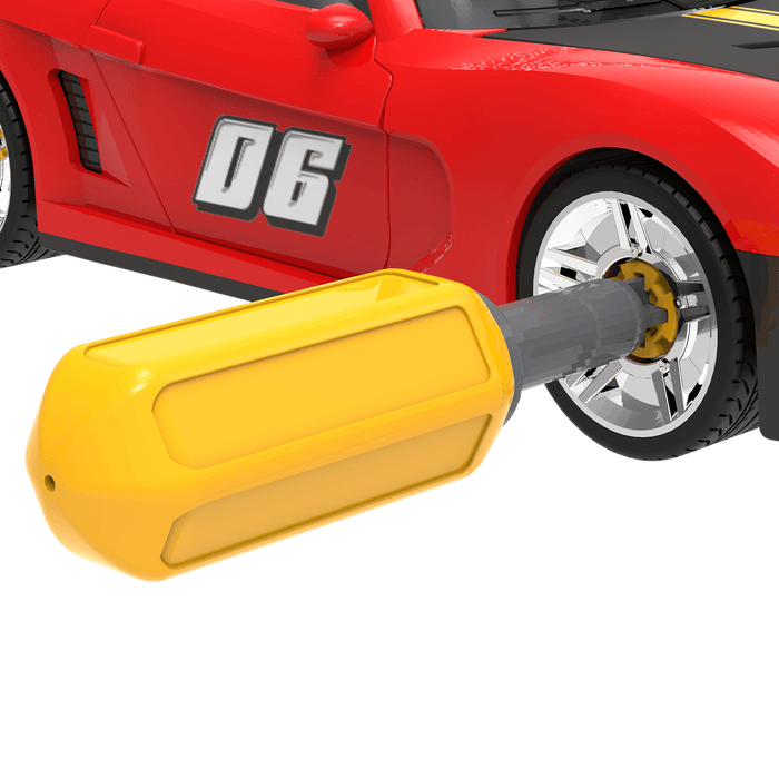 Red take-apart toy sports car with tools and stickers