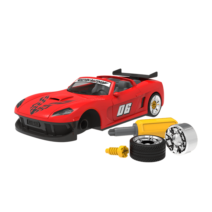 Red take-apart toy sports car with tools and stickers