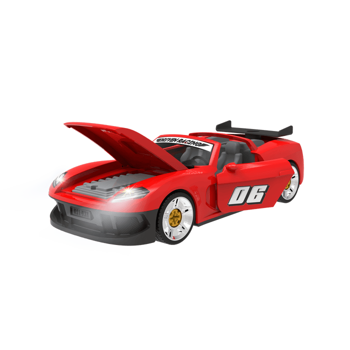 Red take-apart toy sports car with tools and stickers
