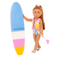 14-inch posable doll with light brown hair and blue eyes holding paddleboard