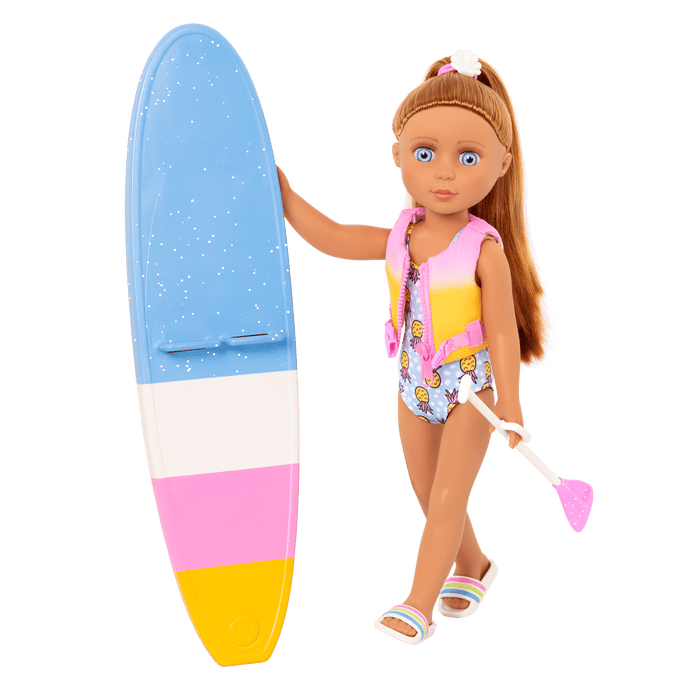 14-inch posable doll with light brown hair and blue eyes holding paddleboard