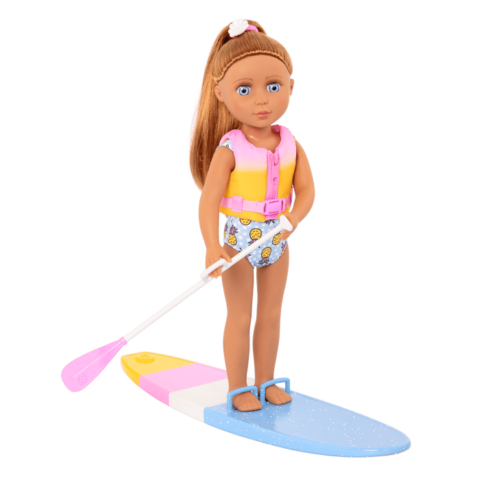 14-inch posable doll with light brown hair and blue eyes holding paddleboard
