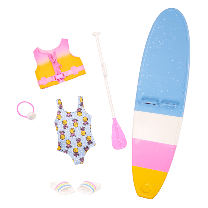 14-inch posable doll with light brown hair and blue eyes holding paddleboard