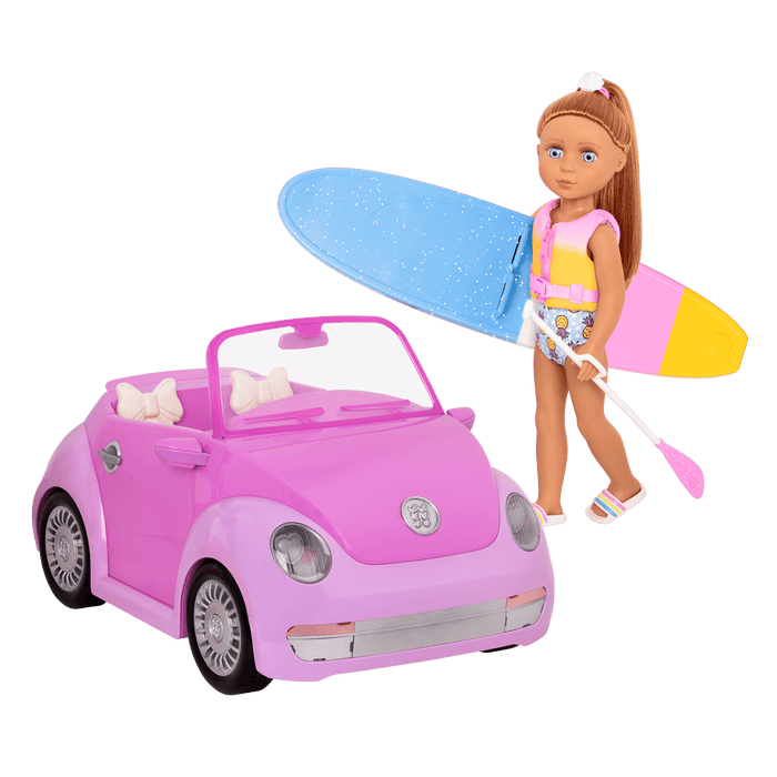 14-inch posable doll with light brown hair and blue eyes holding paddleboard
