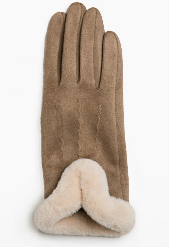 Taupe Gloves Cream Fur Trim