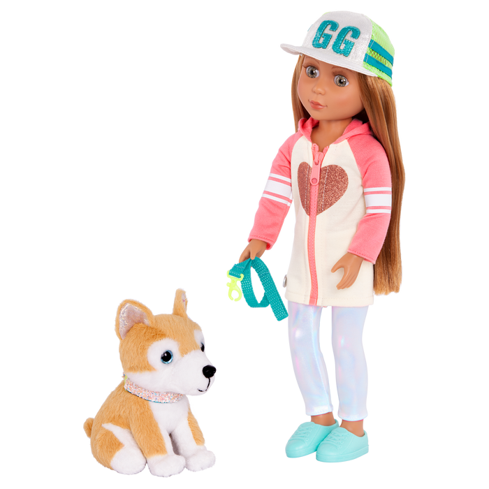14-inch posable doll with light brown hair and green eyes walking Shiba Inu dog plushie