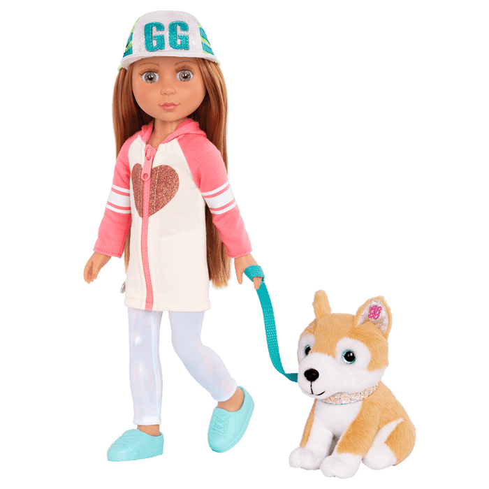 14-inch posable doll with light brown hair and green eyes walking Shiba Inu dog plushie