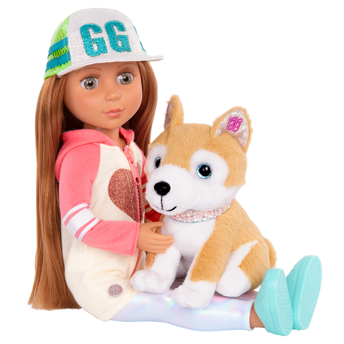14-inch posable doll with light brown hair and green eyes walking Shiba Inu dog plushie
