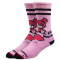 Pink socks with cartoon character and text on a white background