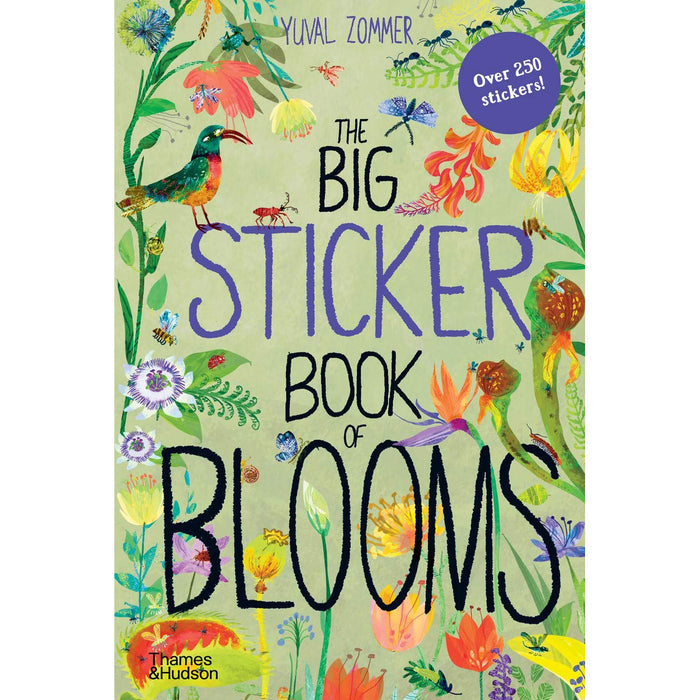 Cover of 'The Big Sticker Book of Blooms' featuring colorful illustrations of plants, birds, and insects, with author Yuval Zommer's name at the top.