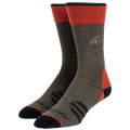 Pair of gray and red socks with a logo on a white background