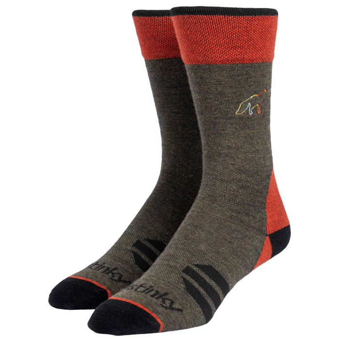 Pair of gray and red socks with a logo on a white background