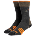 Pair of gray socks with orange accents and branding on a white background merino wool socks