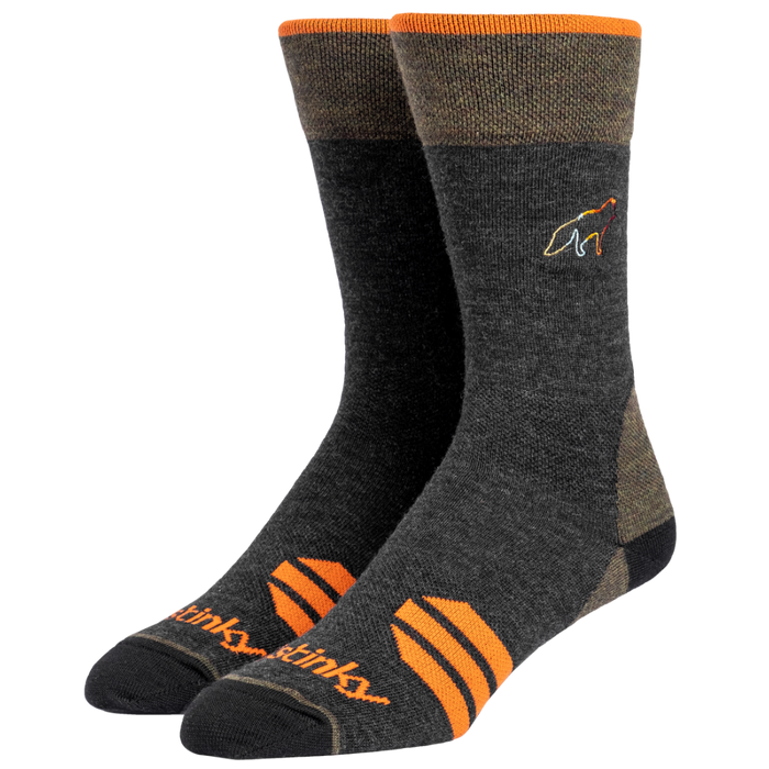 Pair of gray socks with orange accents and branding on a white background merino wool socks