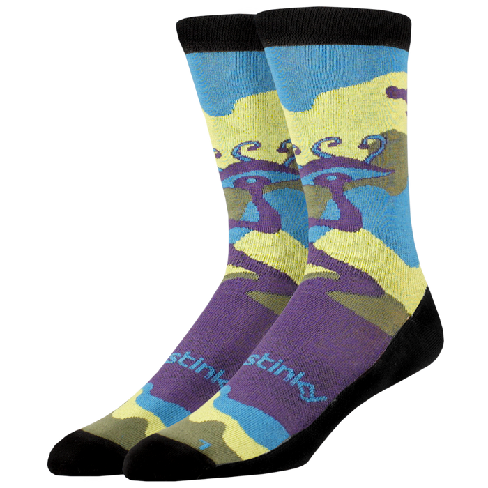Colorful socks with abstract design and 'Stinky' branding on a white background
