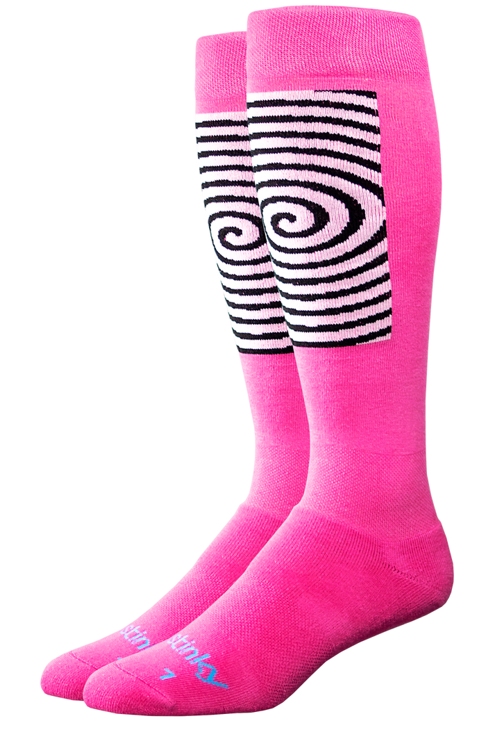 Two pairs of pink knee-high socks with a black and white striped pattern on a white background.