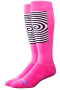 Two pairs of pink knee-high socks with a black and white striped pattern on a white background.