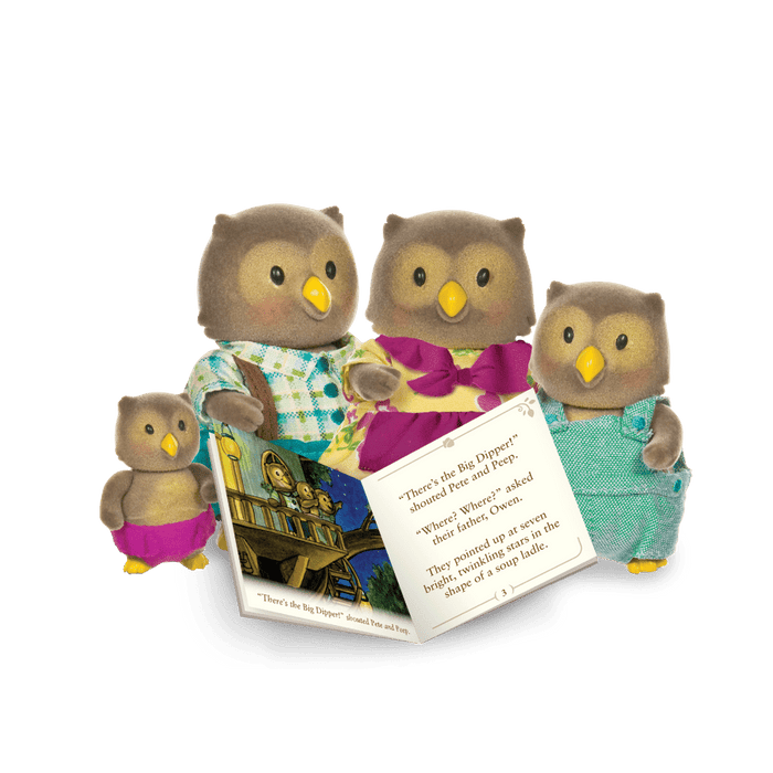 Miniature owl figurine set with storybook