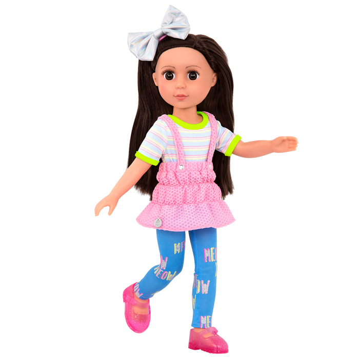 14-inch posable doll with brown hair and brown eyes
