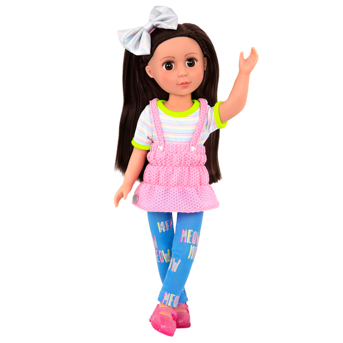 14-inch posable doll with brown hair and brown eyes