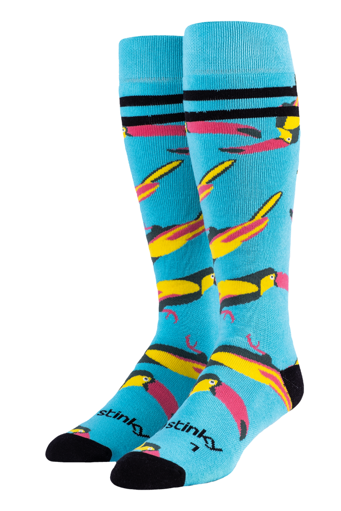 Colorful socks with toucan design on a white background