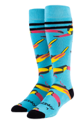 Colorful socks with toucan design on a white background