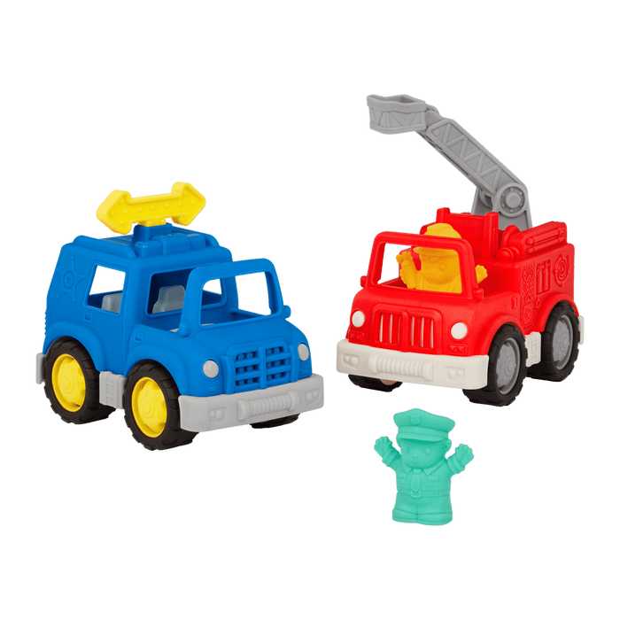 Mini vehicle police SUV, fire truck, and 2 drivers