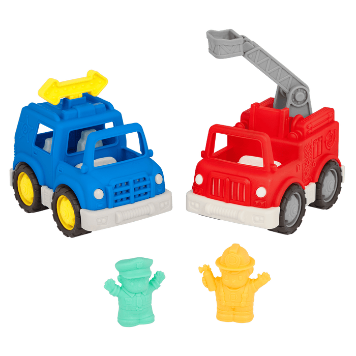 Mini vehicle police SUV, fire truck, and 2 drivers