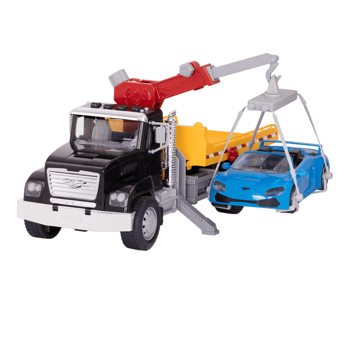 Black toy tow truck towing blue car