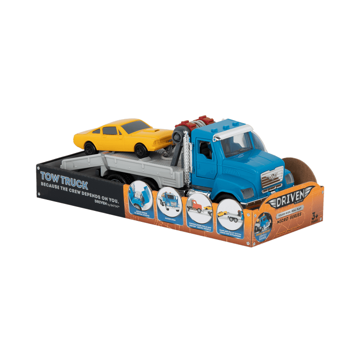 Small Micro Series Blue Tow Truck with Yellow Car