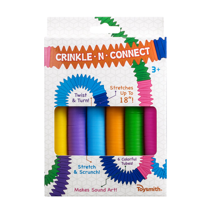 Toysmith Crinkle N Connect by Toysmith includes six colorful, flexible tubes that twist, turn, stretch up to 18 inches, scrunch, and make fun sounds for sensory play. Suitable for ages 3 and up.