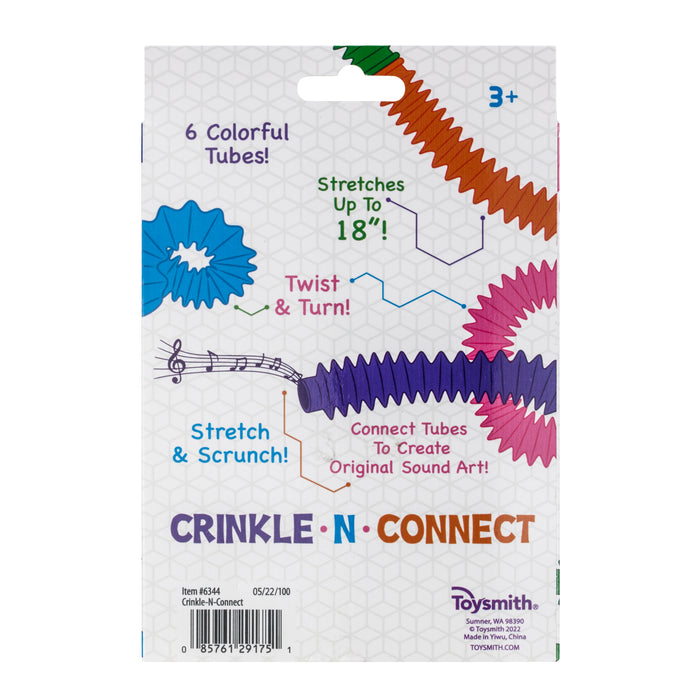 Back of the Toysmith Crinkle N Connect package displays colorful tubes that stretch up to 18", twist, turn, and connect for sensory and creative play. For ages 3+, with text and graphics highlighting these playful features.