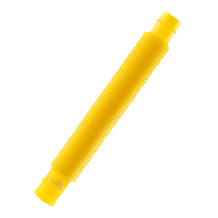 The Toysmith Crinkle N Connect by Toysmith is a yellow, ribbed, flexible plastic tube with wider ends, perfect for sensory stimulation and tactile play, shown diagonally on a white background.