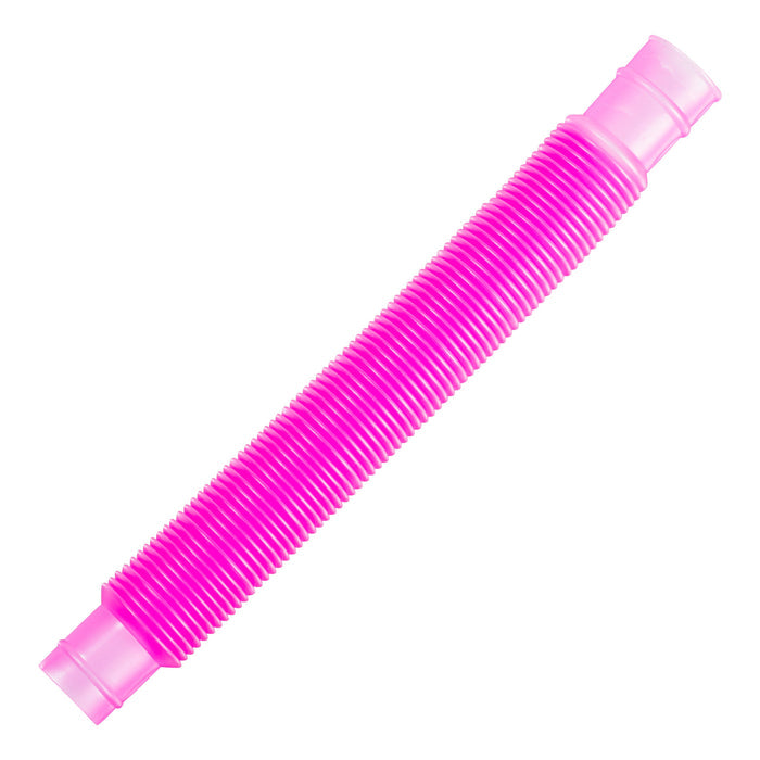 The Toysmith Crinkle N Connect by Toysmith is a pink, ribbed plastic pop tube shown against a white background. Its flexible, accordion-like design can be stretched or compressed for sensory stimulation and creative play.