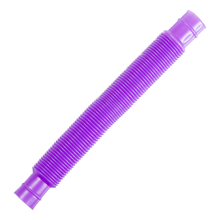 The Toysmith Crinkle N Connect by Toysmith is a purple plastic pop tube toy with ridged sides, slightly bent at each end, providing fun tactile play. It’s shown on a white background.