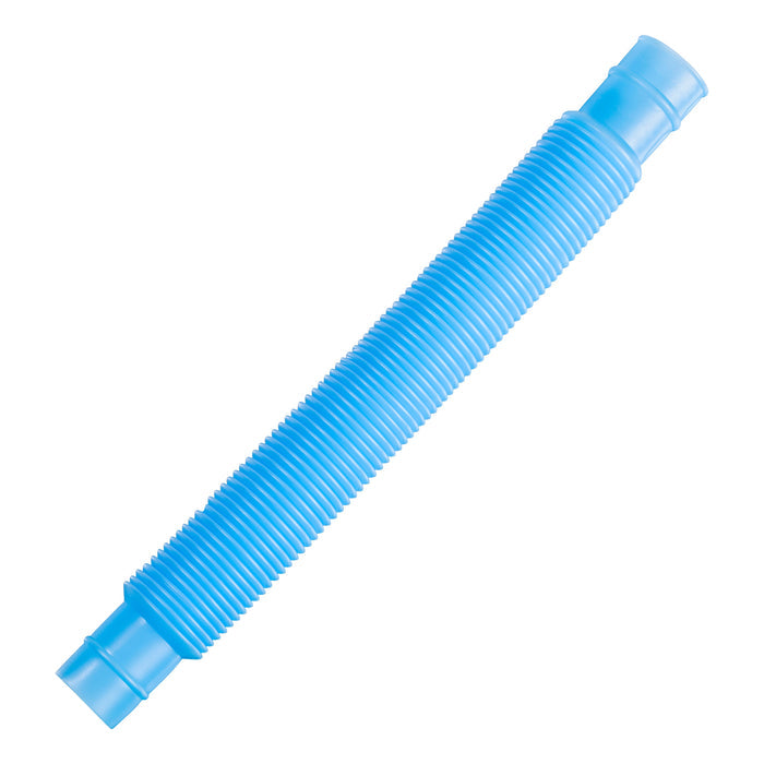 The Toysmith Crinkle N Connect by Toysmith is a blue, flexible, ribbed plastic tube with wider ends, perfect for sensory stimulation and tactile play, pictured on a white background.