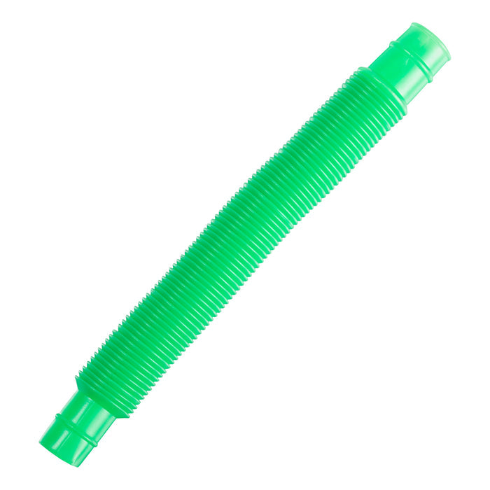 The Toysmith Crinkle N Connect by Toysmith is a green, flexible plastic tube with ridges, ideal for sensory or tactile play, shown isolated on a white background.
