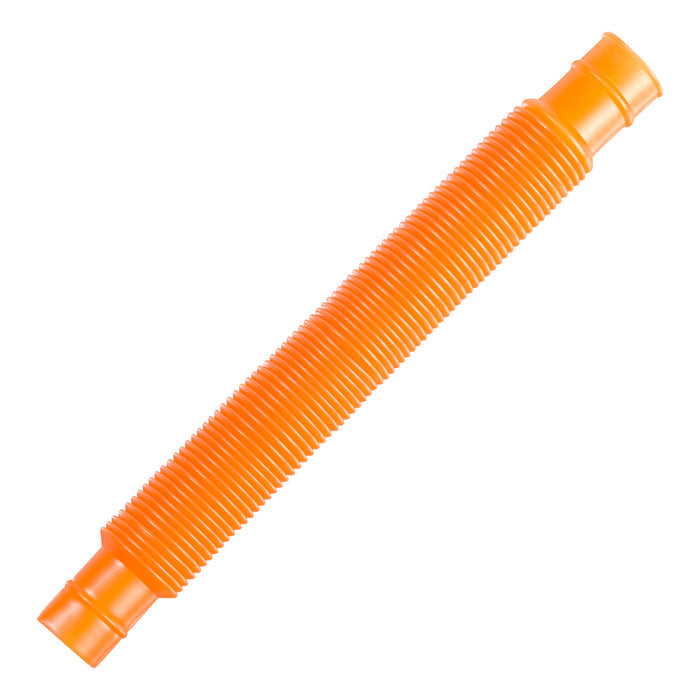 The Toysmith Crinkle N Connect by Toysmith is an orange, flexible plastic tube with ridges and tapered ends, perfect for tactile play and sensory stimulation, shown isolated on a white background.