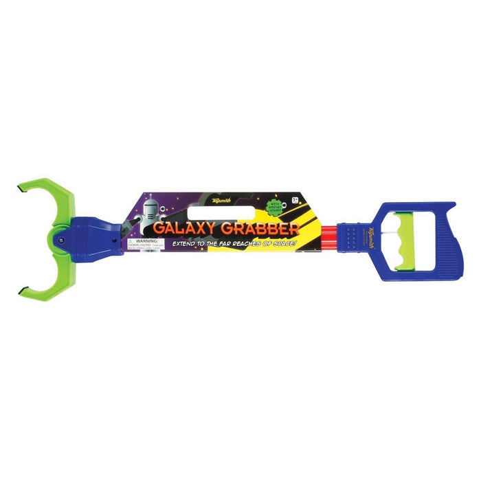 The Toysmith Galaxy Grabber is a toy grabber tool by Toysmith with a blue and green handle, space-themed label, and telescoping claw for extra reach—great for fun adventures.