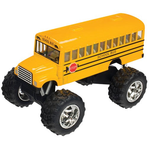 The Toysmith Monster School Bus by Toysmith is a yellow die-cast school bus with monster truck wheels, chrome rims, black stripes, "SCHOOL BUS" on the side, and pull-back action for high-speed fun.