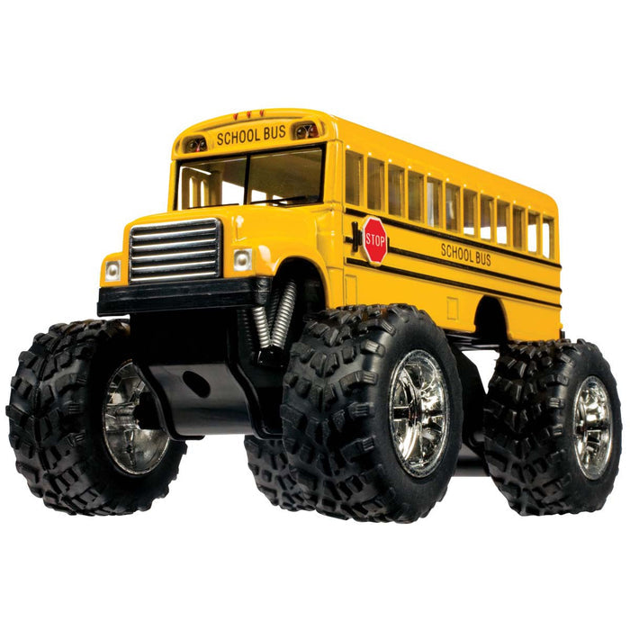 The Toysmith Monster School Bus by Toysmith features oversized wheels, a bright yellow body, and a STOP sign for a fun, playful look in a die-cast design.
